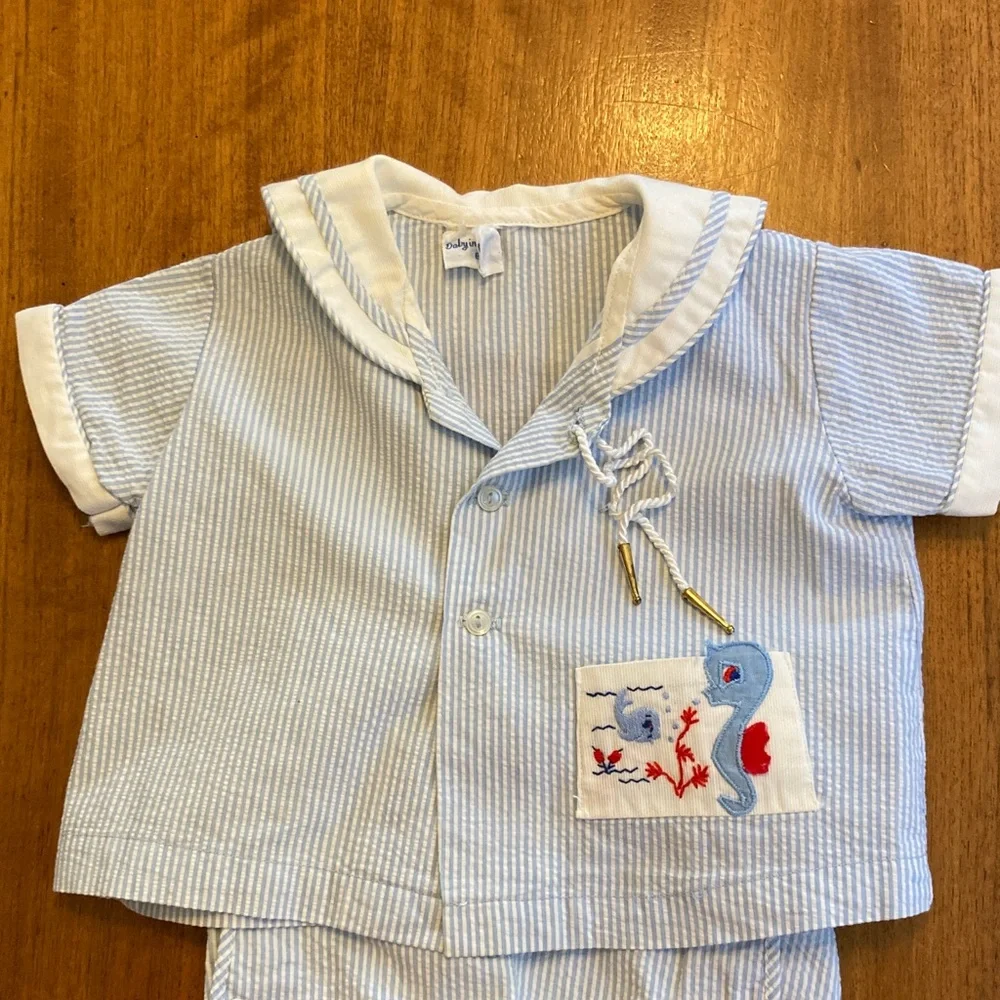 Vintage 60s Two Piece Baby Sailor Suit Blue and White Seahorse 3-6mo - Picture 2 of 11